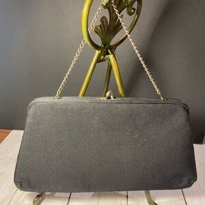 Vintage 60s Sophisticated Black Satin Chain Clutch Purse